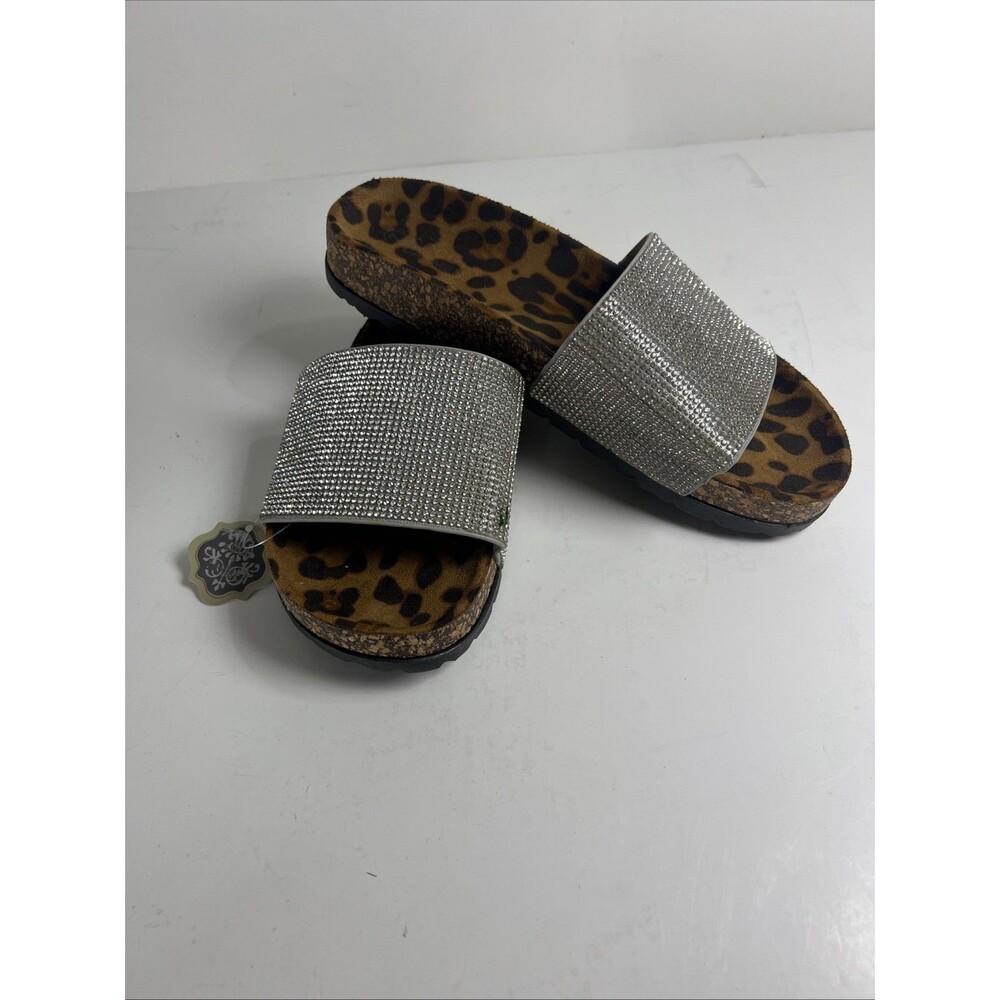 Boutique Rhinestone Slides Sandles Leopard Print Sole Glamour Girl Sparkly NWT